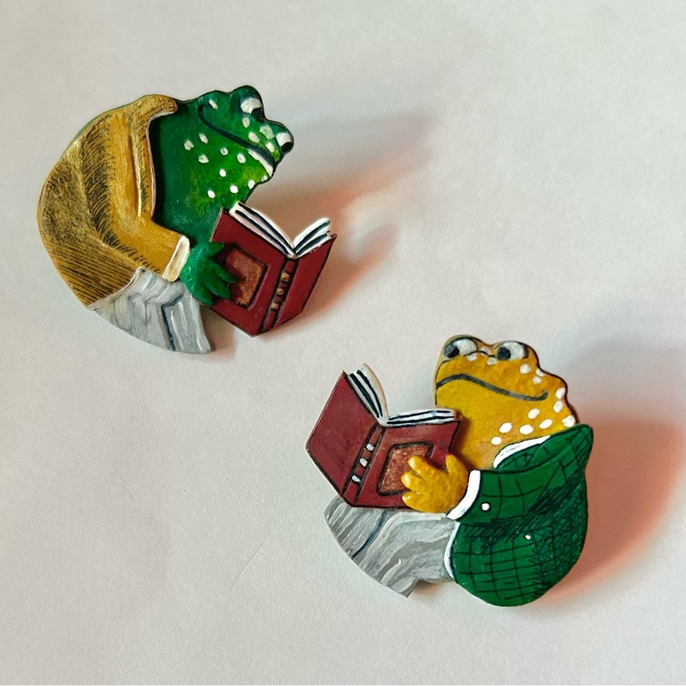 Frog and Toad reading book polymer clay handmade earrings